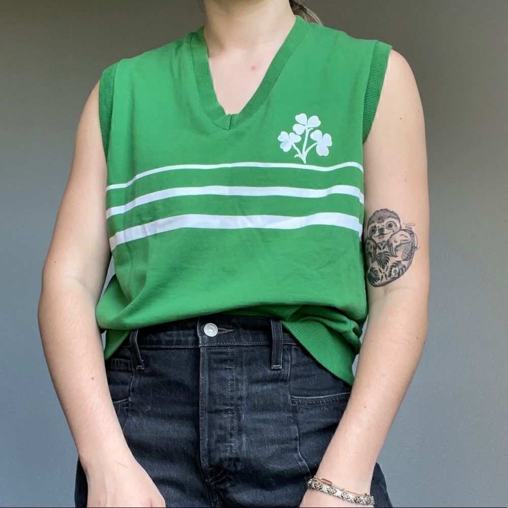 Blarney Woolen Mills Green Cotton Irish Clover Varsity Preppy Sweater Vest Sz L